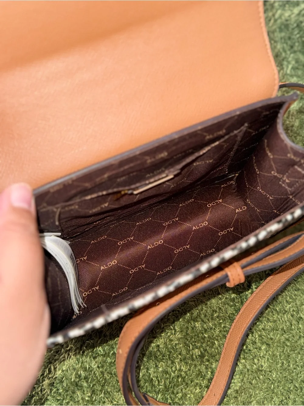 Aldo Black-and-White Woven Crossbody with Tan Trim